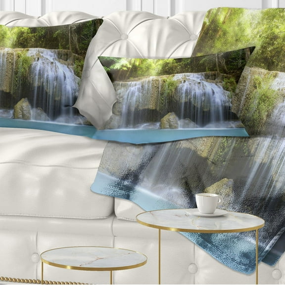 Designart Erawan Waterfall - Green - Photography Throw Pillow - 12x20