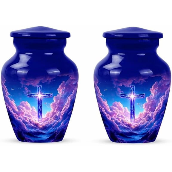 Celestial Blue Cross Urn - Decorative Urn for Mom & Dad - 3 Inch - Pack of 2 - Memorial Urns Human Ash - Mini Keepsake Urns - Unique for Human Ashes