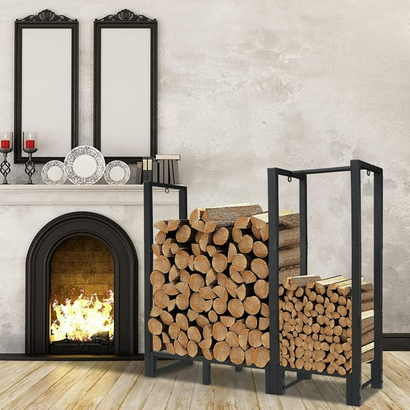 4ft Outdoor Indoor Firewood Rack Holder for Fireplace Wood, Heavy Duty Fireplace Log Holder, Fireplace Fire Pits Wood Pile Storage Holder Lumber Rack, Black