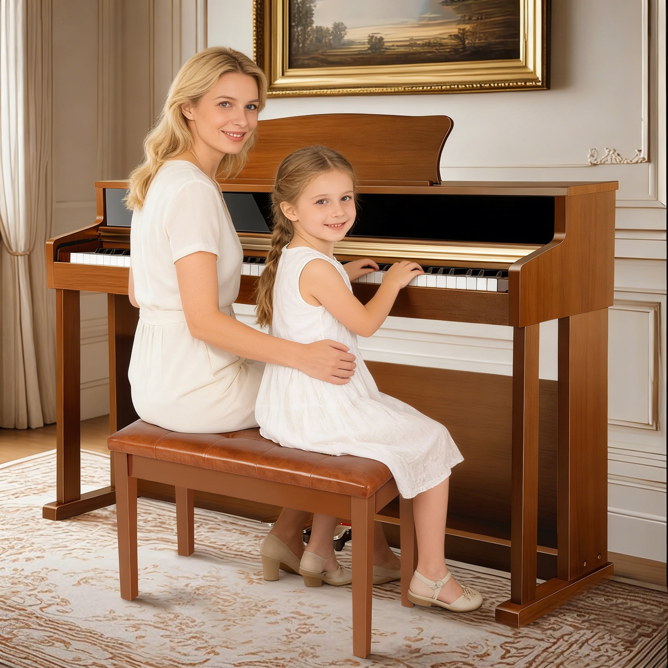 AODSK Duet Piano Bench with Storage, Padded Cushion, Soild Wood Leg Bench Stool Chair for Piano Keyboard Seater -Brown