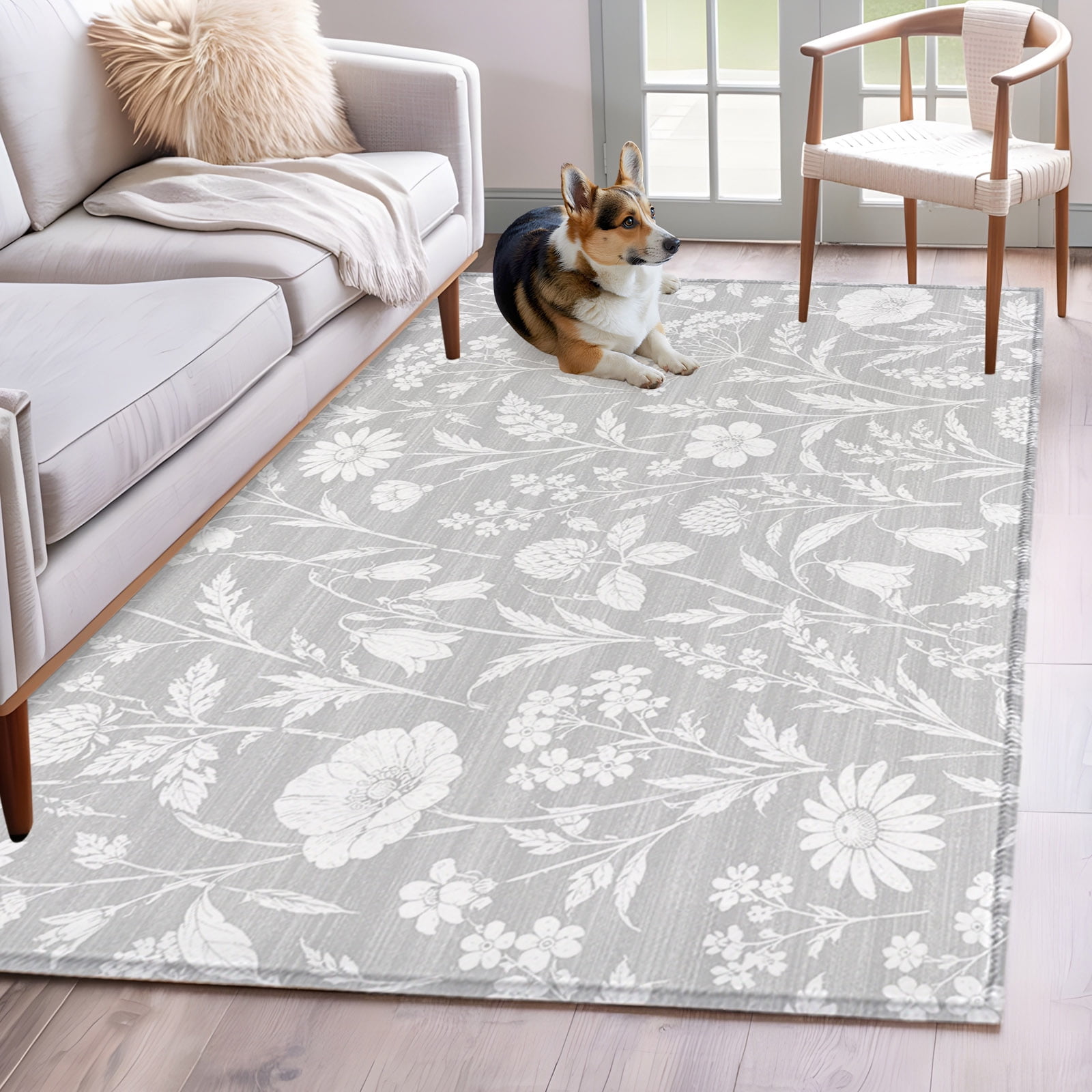 Rectangle Rug 4x6ft Area Rug Country Flower Leaf Area Rugs for Living Room Bedroom Watercolor Blossom Floral Seamless Floor Mat Non-Slip Non-Shedding Carpet Indoor Accent Rugs