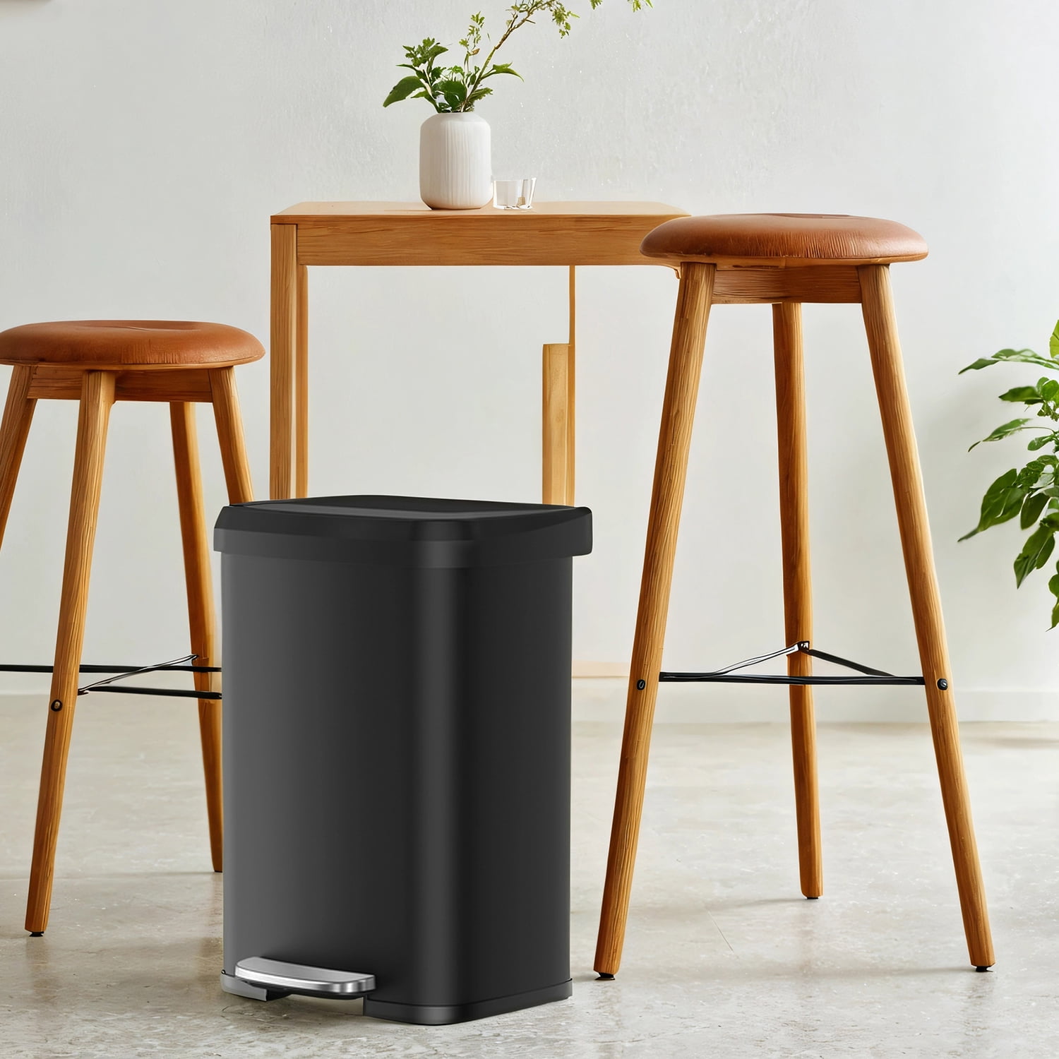 LEDREM 13 Gallon Stainless Steel Kitchen Trash Can , Stay-Open Lid with Step Pedal & Odor Filter , Large Capacity Bin ,Black