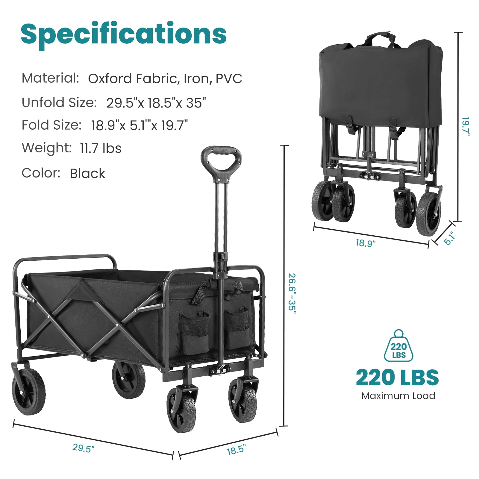 GIANNA Portable Shopping Wagon Cart, Large Capacity Utility Cart with Drink Holders, Foldable, Middle, Black