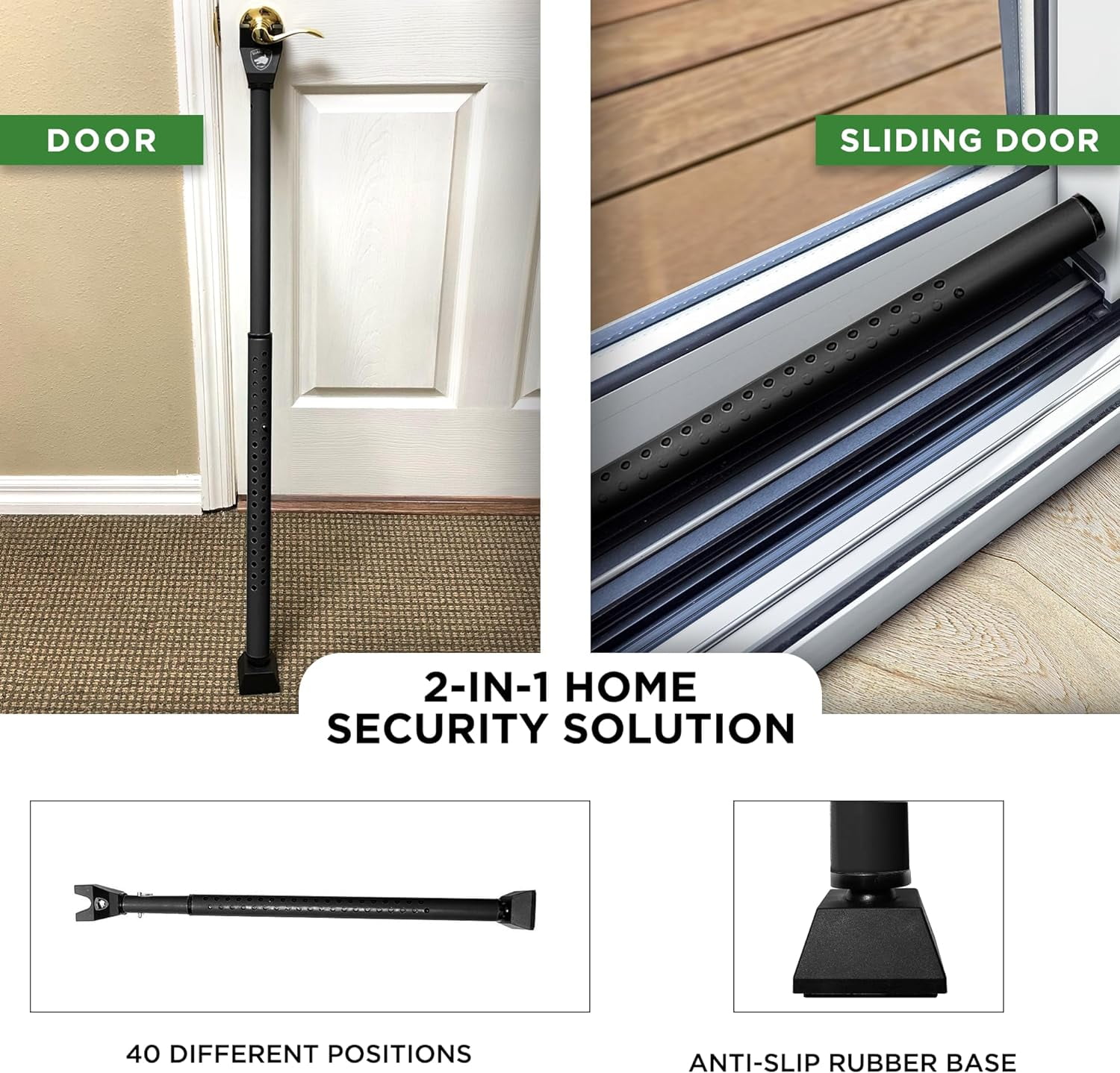 Door Stopper Security Bar, 2-in-1 Adjustable Door Steel Jammer, 300 lbs of Force, by Guard Dog Security, 2 pack Black