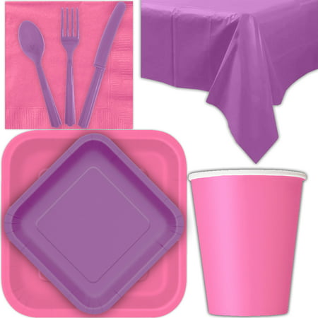 Disposable Party Supplies for 28 Guests - Hot Pink and Pretty Purple - Square Dinner Plates, Square Dessert Plates, Cups, Lunch Napkins, Cutlery, and Tablecloths:  Tableware Set