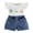 White, variant on BemeyourBBs Toddler Baby Girls 2 Piece Summer Clothes Infant Baby Girl Denim Outfit Ruffle Short Sleeve 3D Flower Decor Ribbed Shirt Tops and Pockets Jeans Denim Shorts Sets