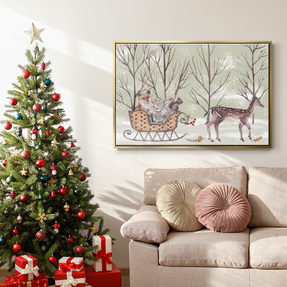 Christmas Time I - Framed Gallery Wrapped Holiday Canvas - 27 x 41 - Gold Frame