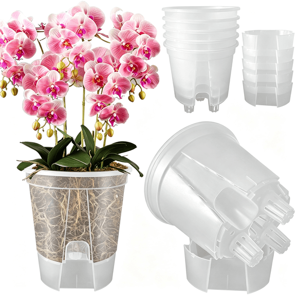 ACDANC 5-Pack 6In Self Watering Naked Root Planter Pots with Drainage Holes&Reservoir,Plastic Planters with Air Pipes for Indoor Outdoor Plants,Clear