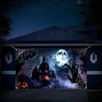 13X6 ft Halloween Garage Door Decoration Background Zombie Hand Full Moon Bat Scary Black Night Castle Pumpkins Spooky Graveyard Cemetery Backdrop Kids Hallowmas Photography Booth Decor Banner Cover
