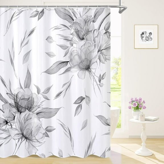 Extra Long Boho Watercolor Floral Shower Curtain 72 x 84, Grey Ink Painting Style Flower Shower Curtains for Chic Rustic Bathroom, Artistic XL Fabric Cloth Shower Curtain