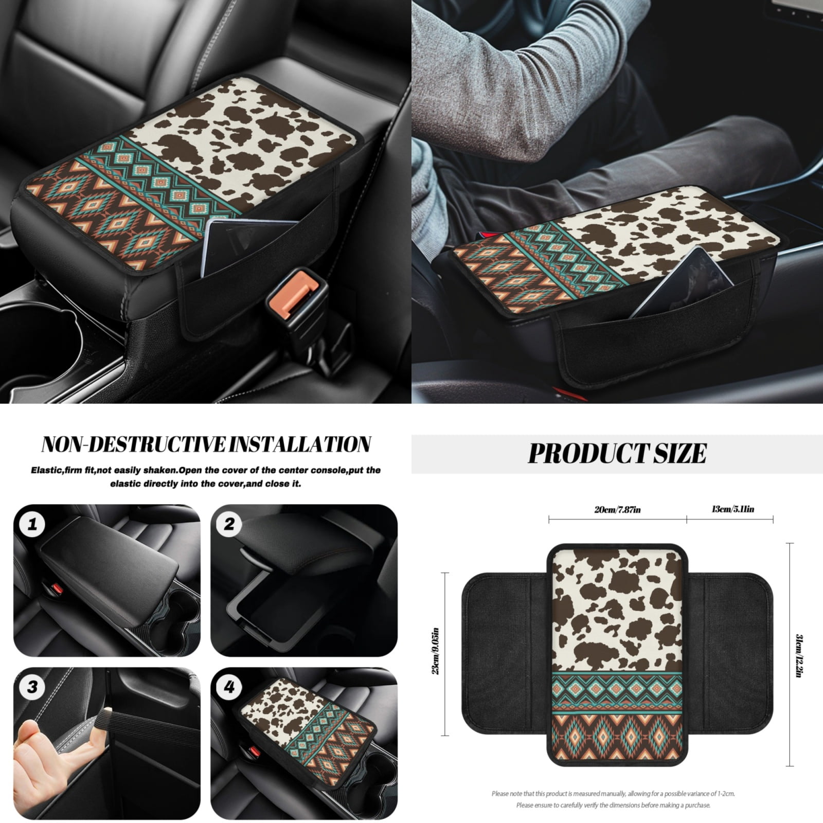 Yuyamidu Brown Cow Print Car Seat Cover Set with Steering Wheel Cover Aztec Seat Belt Pads Armrest Cover Garbage Can Aztec Air Vent Pouch Rearview Mirror Cover Coasters Keychain, 12 Pack
