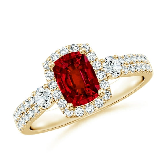 ANGARA Cushion Rectangular Lab Grown Ruby Halo Double Shank Engagement Ring for Women in 14K Yellow Gold (Size-7x5mm) | July Birthstone, Anniversary, Jewelry Gift for Women | Lab-Grown Ruby Ring