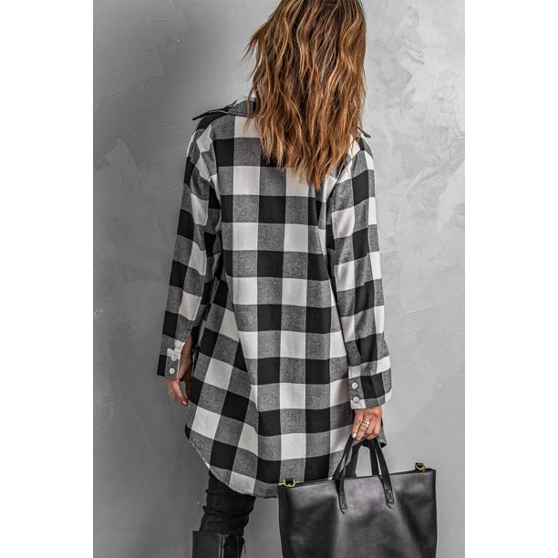ABPHQTO Abrigo camisero a cuadros negro con cuello vuelto para mujer