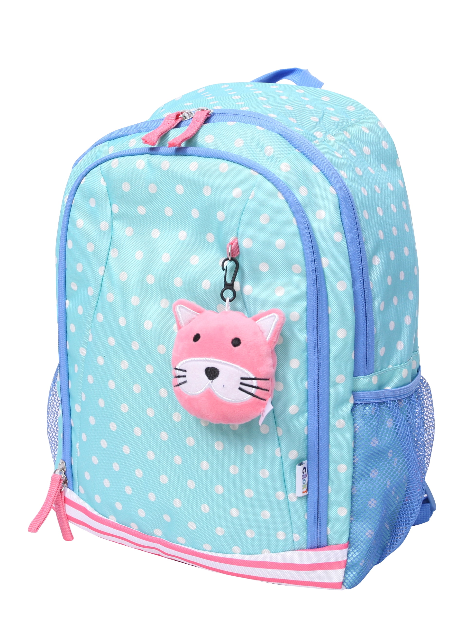 Crckt Kids Girls 15-inch School Backpack with Plush Dangle Accessory, Blue Dot Print
