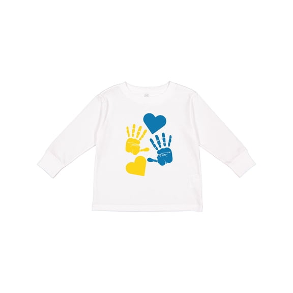 Inktastic Down Syndrome Awareness with Handprints and Hearts Blue and Yellow Boys or Girls Long Sleeve Toddler T-Shirt
