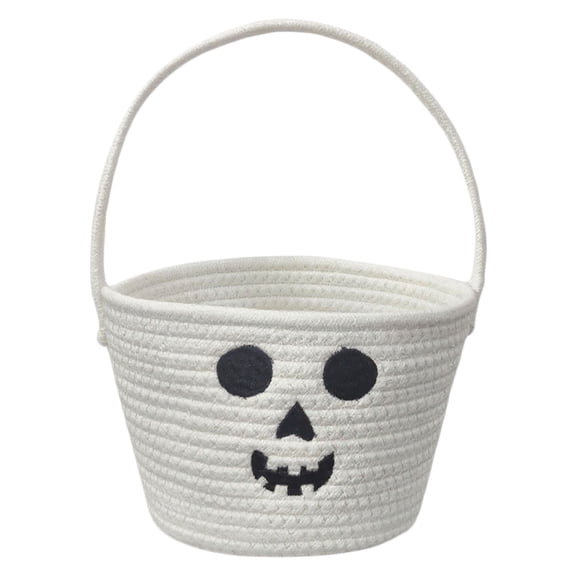 Halloween Cotton Rope Storage Basket – White Ghost Candy Bucket Tote for Treats, Party Favors, and Home Decor