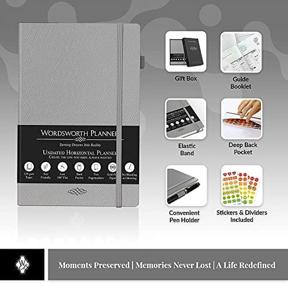 Wordsworth Planner– Weekly & Monthly Goal Setting Undated Planner, Habit Trackers, Time Management and Productivity Organizer, Gratitude Journal, A5, 1 Year – Grey