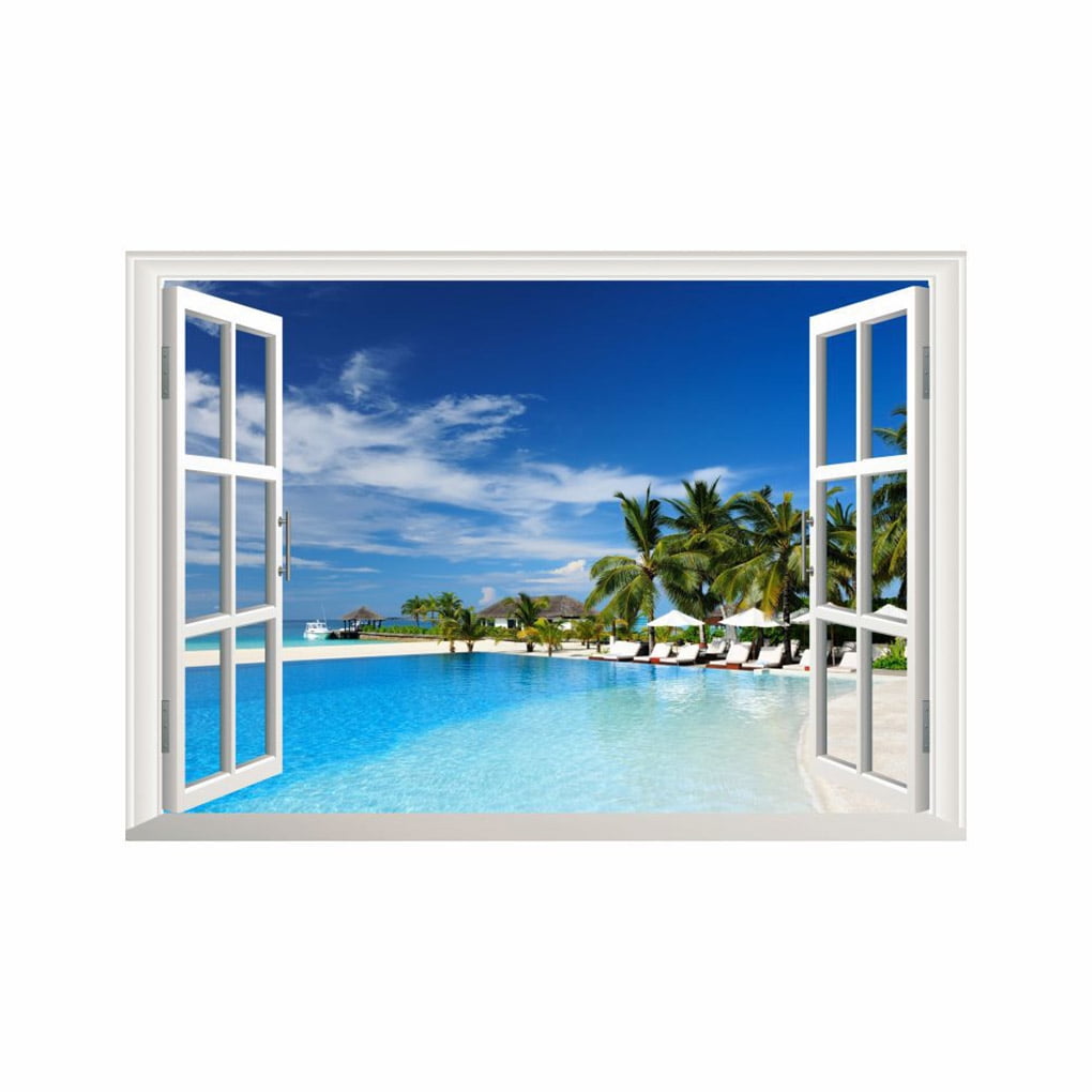3D Fake Window Beach Pattern Wallpaper Self Adhesive Mural Decal Art