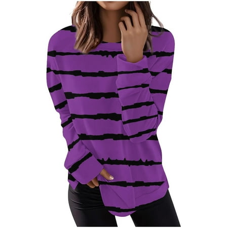 Casual Long Sleeve Striped Tops for Women Crewneck Colorblock Tunic Tops Lightweight Thin Jumper with Side Split Purple XXL