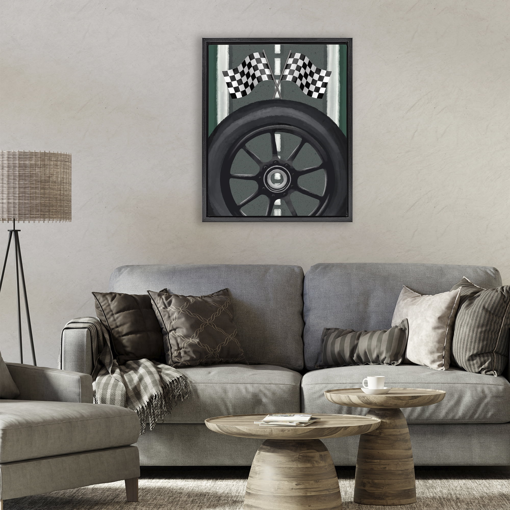 Stupell Industries Racetrack Flags & Tire Black Framed Floater Canvas Wall Art, design by Jennifer Stith