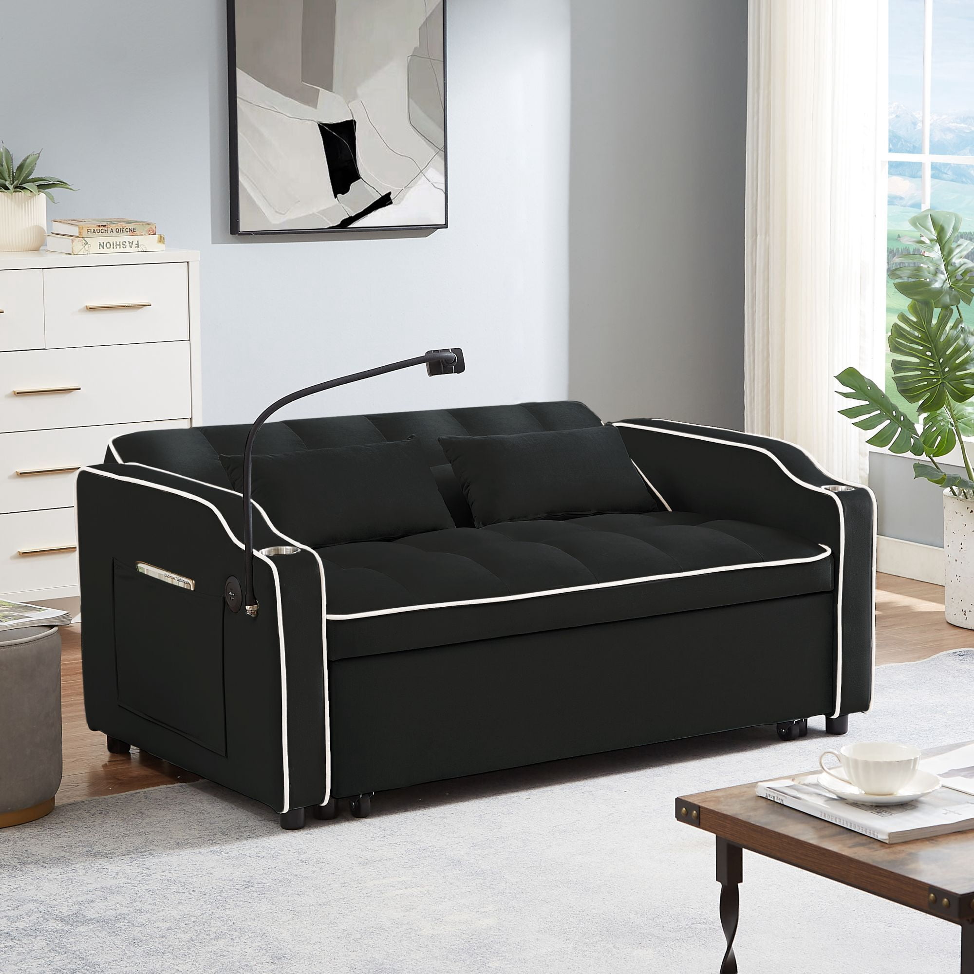 DEALTOPS Pull Out Sofa Bed, Velvet Loveseat Sleeper with Cup Holders, USB Ports and A Phone Stand, Black