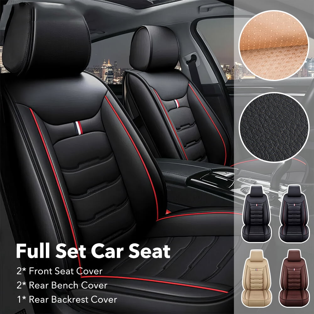 PEPWELL 5Pack Nappa Leather Full Set Car Seat Covers, Universal Fit for Cars/SUV/Sedans, Waterproof Breathable 3D Luxury Design with Airbag Compatibility