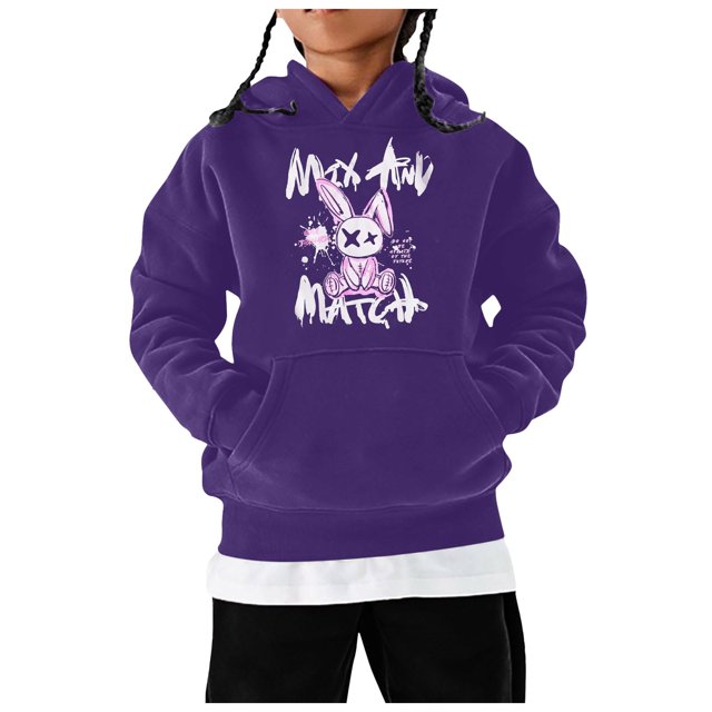GDREDA Spring Crewneck Sweatshirt Children's Long Sleeved Cartoon Rabbit Print Hoodie Purple,10-12 Years