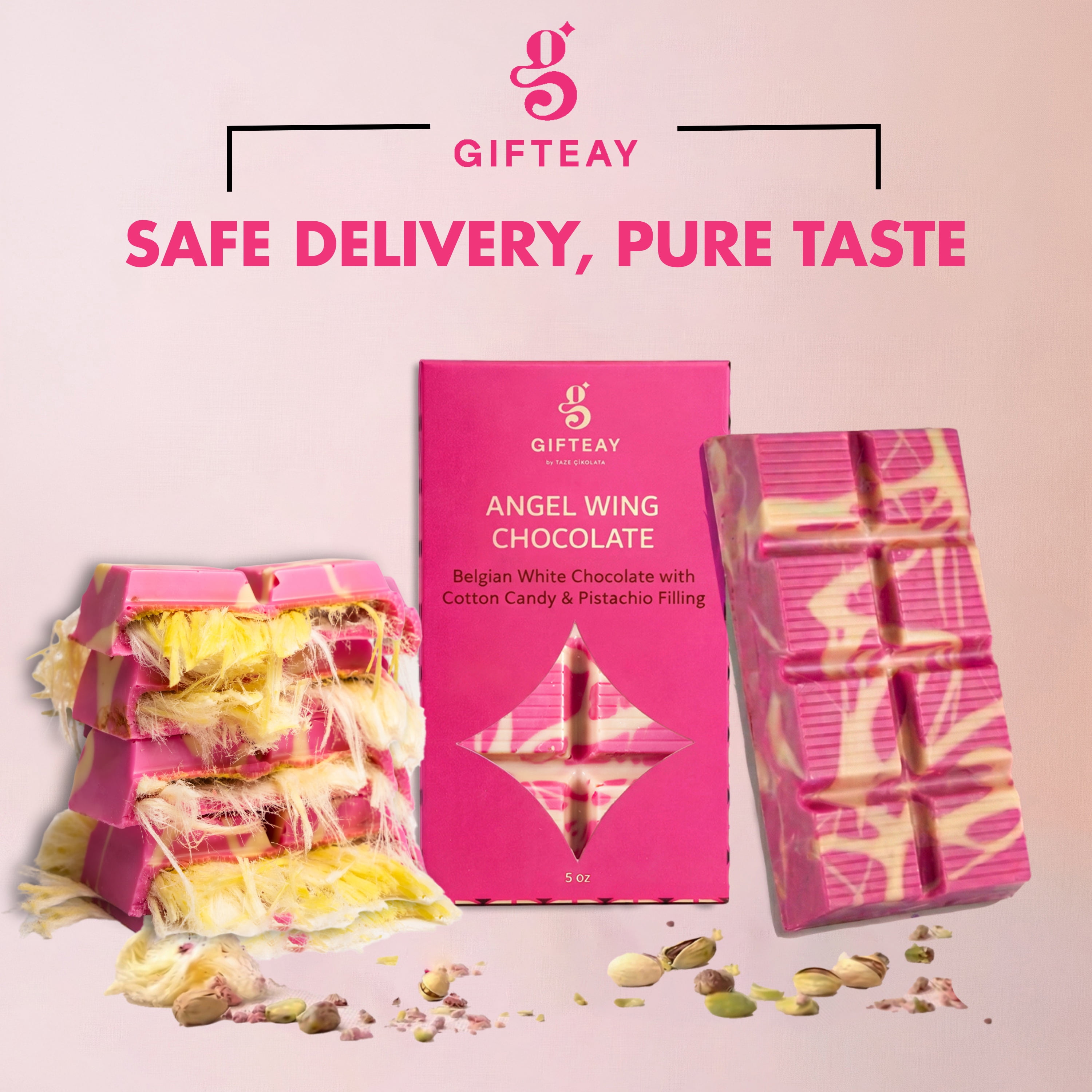 Gifteay Angel Hair Chocolate, Belgian Chocolate Bar with Turkish Cotton Candy & Pistachio Filling, Premium Artisan Dessert Gift – 3.5 oz (140g) | White Chocolate