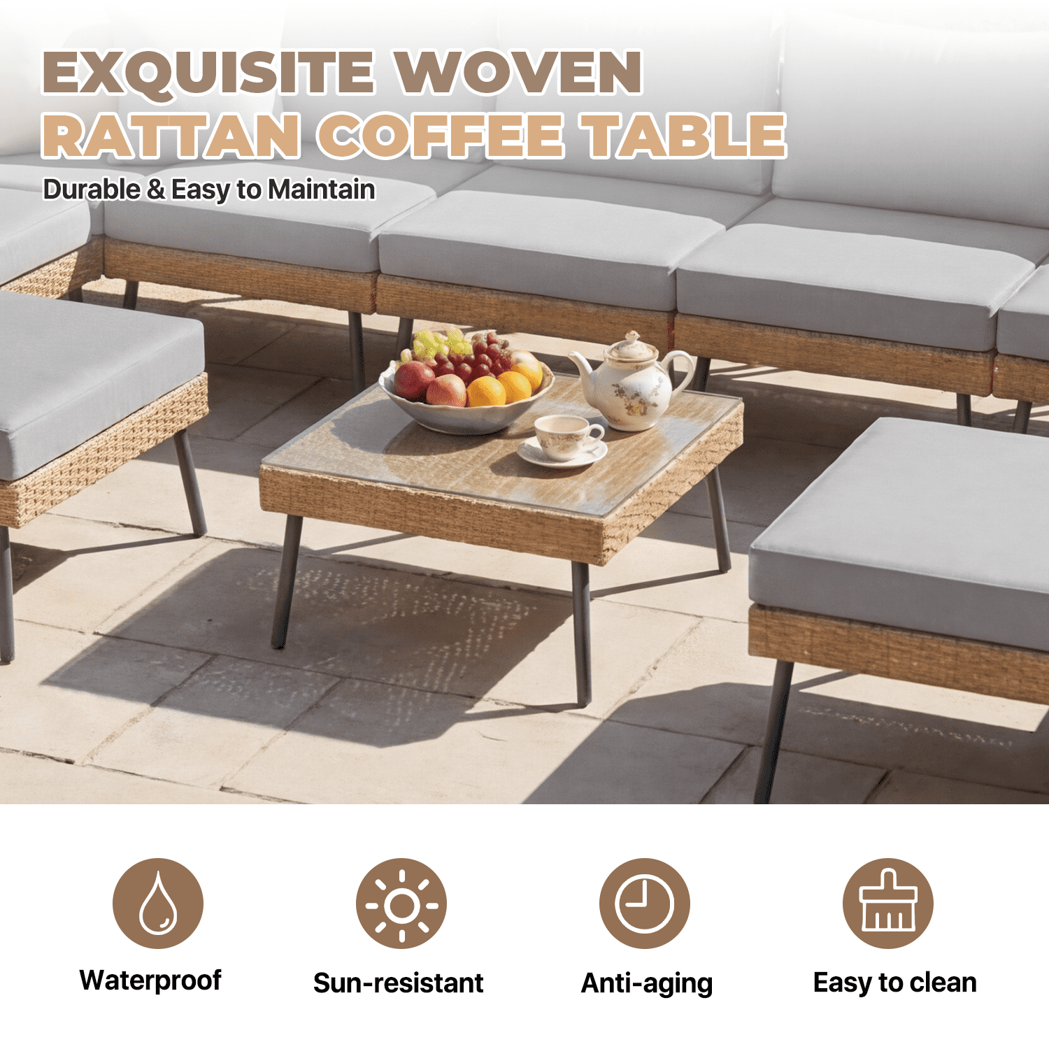BaPiPro 13-Piece Outdoor PE Rattan Sectional Sofa Set, All-Weather Patio Conversation Set with Cushions & Tempered Glass Coffee Table, Suitable for Courtyard, Backyard and Garden, Grey