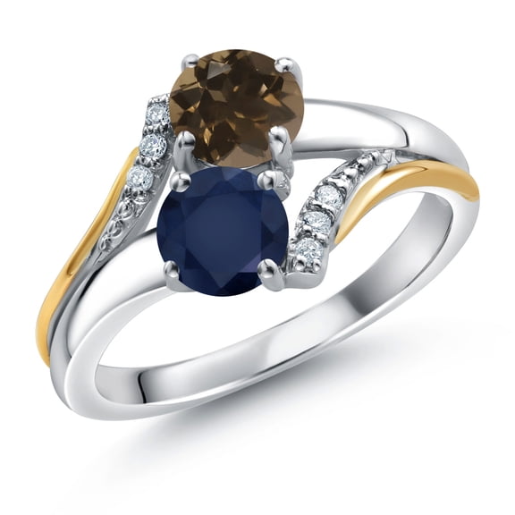 10K Yellow Gold and 925 Silver Blue Sapphire and Brown Smoky Quartz and White Lab Grown Diamond Accent Engagement Ring for Women (1.13 Cttw, Gemstone September Birthstone, Round 5MM, Size 8)