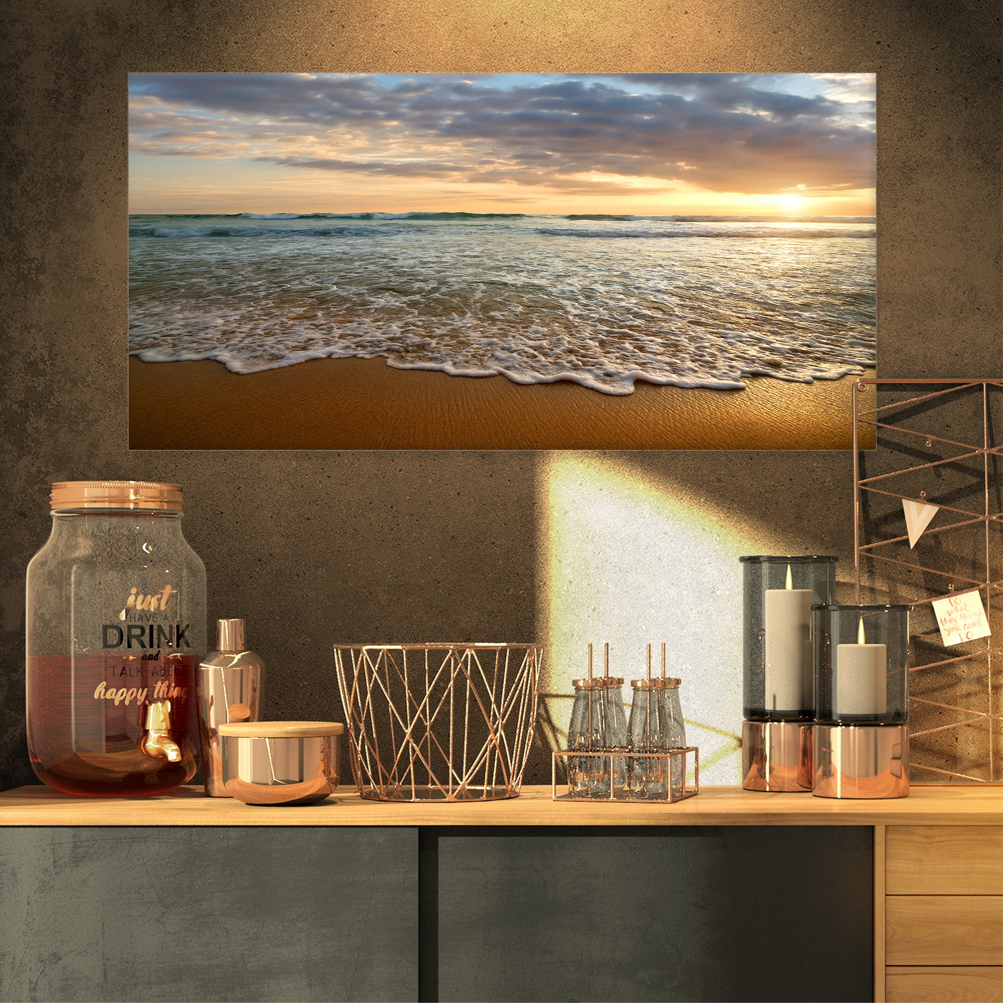 Designart 'Bright Cloudy Sunset in Calm Ocean ' Seashore Canvas Art Print