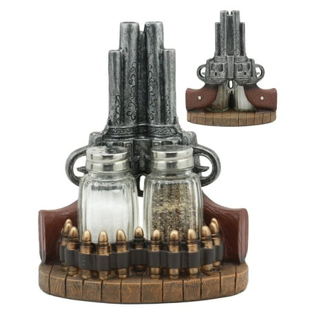 Ebros Western Revolver Six Shooter Pistol With Bullet Rounds Decorative Salt And Pepper Shakers Set Figurine Holder With Glass