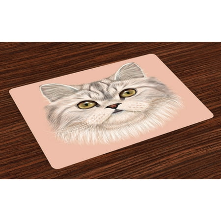 Cat Placemats Set of 4 Cute Kitty Portrait Whiskers Best Pet Animal I Love My Feline Themed Artwork, Washable Fabric Place Mats for Dining Room Kitchen Table Decor,Beige Cream Peach, by
