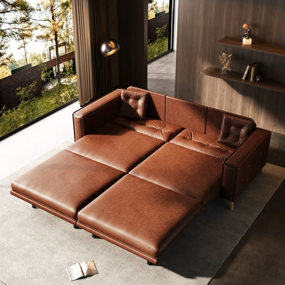 92" King Pull Out Sofa Bed, Convertible Sleeper Sofa Bed, Faux Leather Loveseat Chaise Lounge with 31-inch Deep Seat and Tufted Design for Living Room, Light Brown