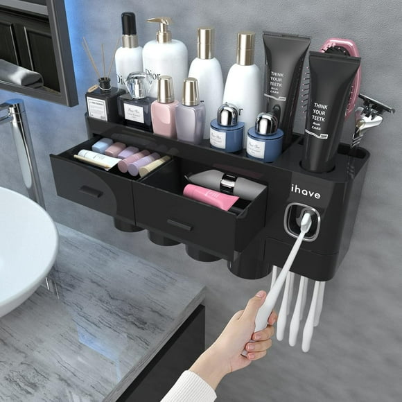 Toothbrush Holder for Bathroom Cups Toothbrush Holder Wall Mounted with Toothpaste Dispenser Large Capacity Tray Cosmetic Drawer Bathroom Storage & Bathroom Organizer