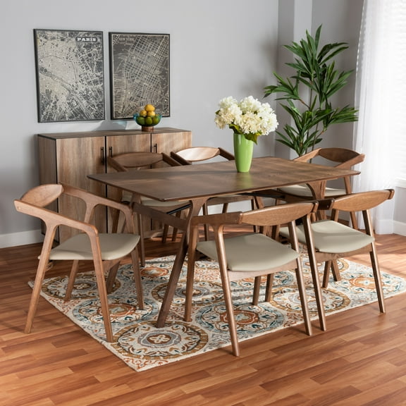 Baxton Studio Harland Mid-Century Modern Grey Faux Leather Upholstered and Walnut Brown Finished Wood 7-Piece Dining Set