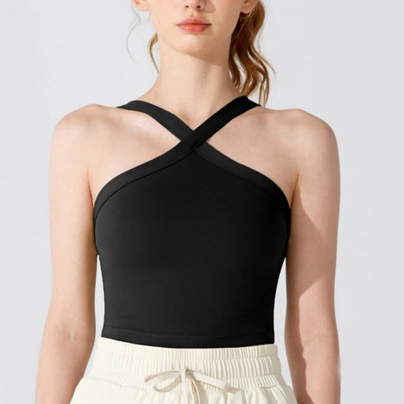 Pejock Women's Workout Tank Top with Built in Bra, Summer Halter Crop Camisole, Backless Going Out Top, V Neck Sleeveless Sports Shirt