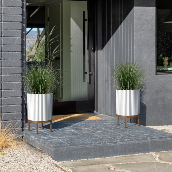 Round Planter w/ Stand for Porch/Patio | Durable Plastic-Concrete & Wooden Stand | Modern Décor for Tall Plants, Flowers