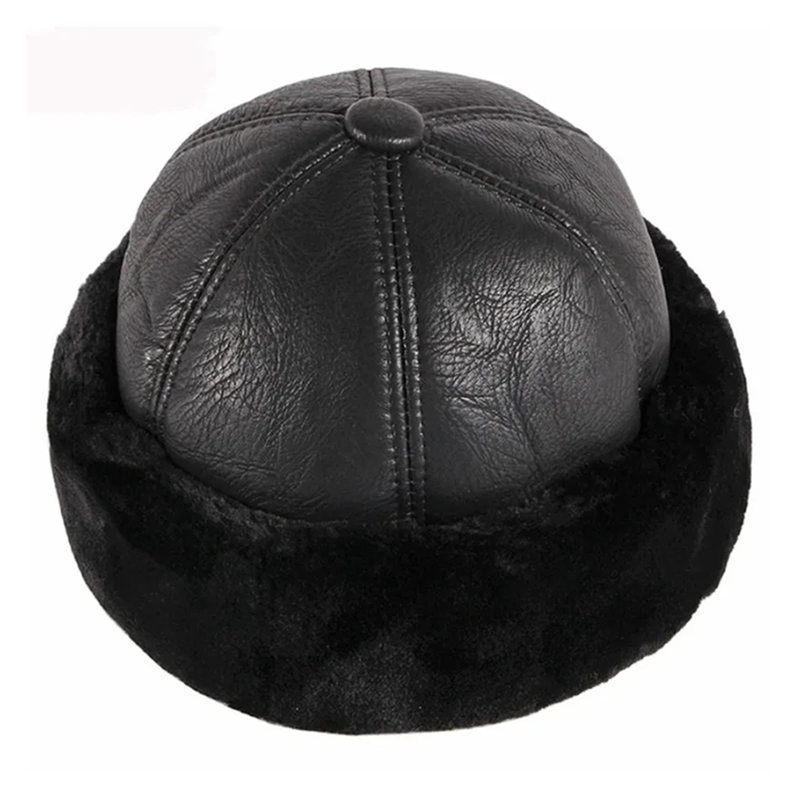 Thick Outdoor Warm Winter Hat Men Black Fur Leather Male Windproof Snow Ski Cap Fleece Lined ,Classic Vintage