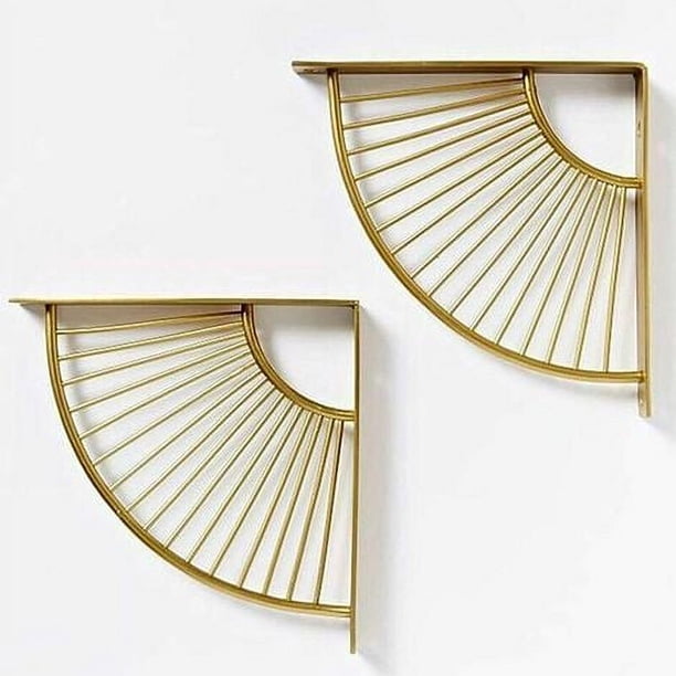 Juego de 2 soportes para estante triangulares flotantes de metal dorado en forma de abanico, soportes de pared, soporte para estante, estante de esquina resistente, para el hogar, oficina,