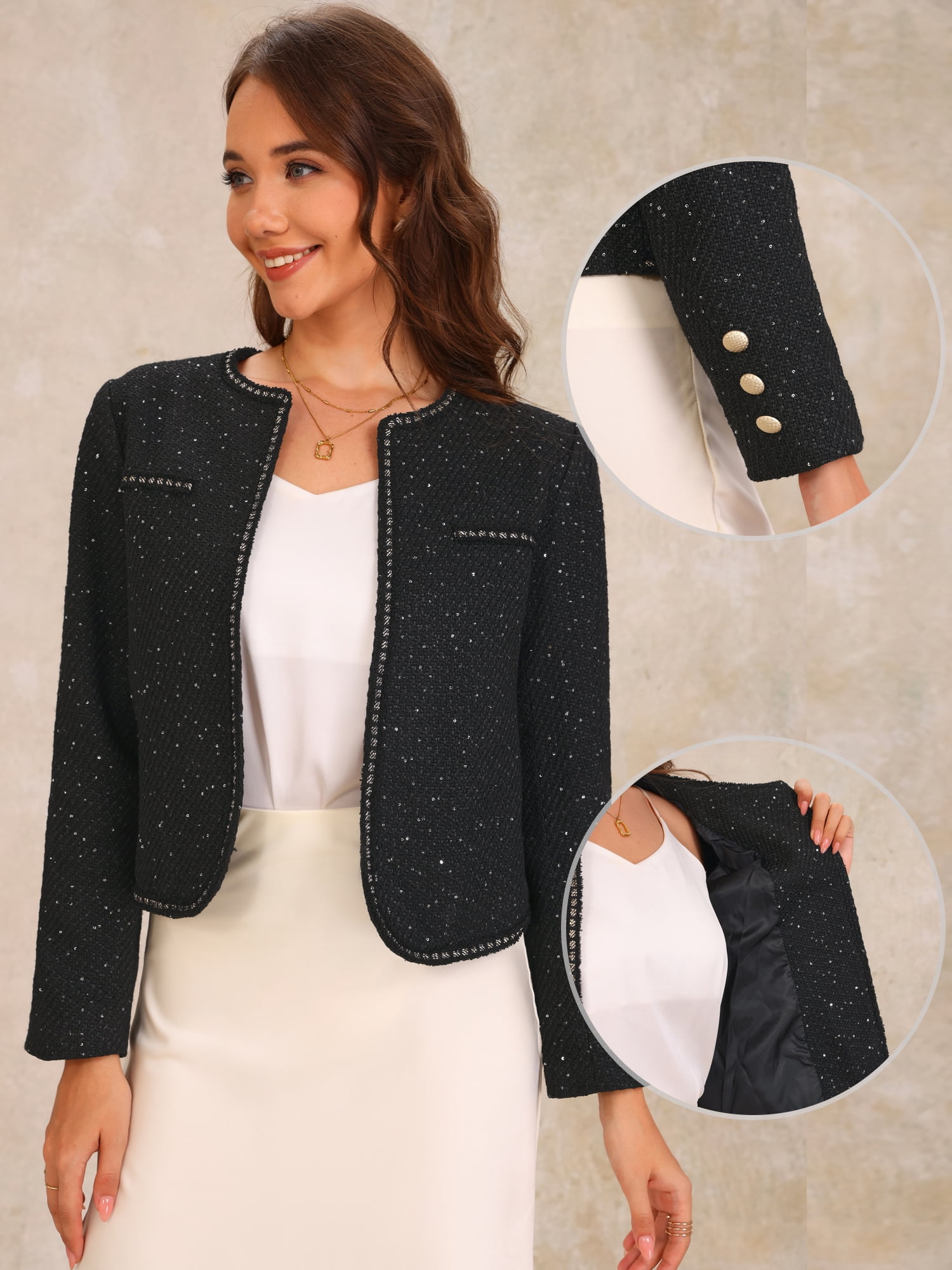 DARING DIVA Long Sleeve Casual Tweed Blazer Business Jacket L Black