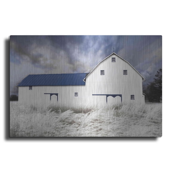 Luxe Metal Art 'Blue Trimmed Barn' by Lori Deiter, Metal Wall Art, 36"x24"