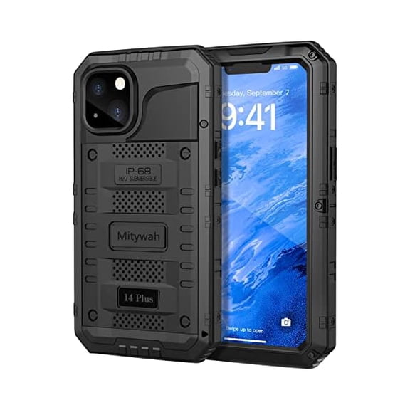 Waterproof Case for iPhone 14 Plus, Heavy Duty Shockproof Case with Built-in Screen Protector, Full Body Underwater Protective Metal Case 6.7 inch, Black