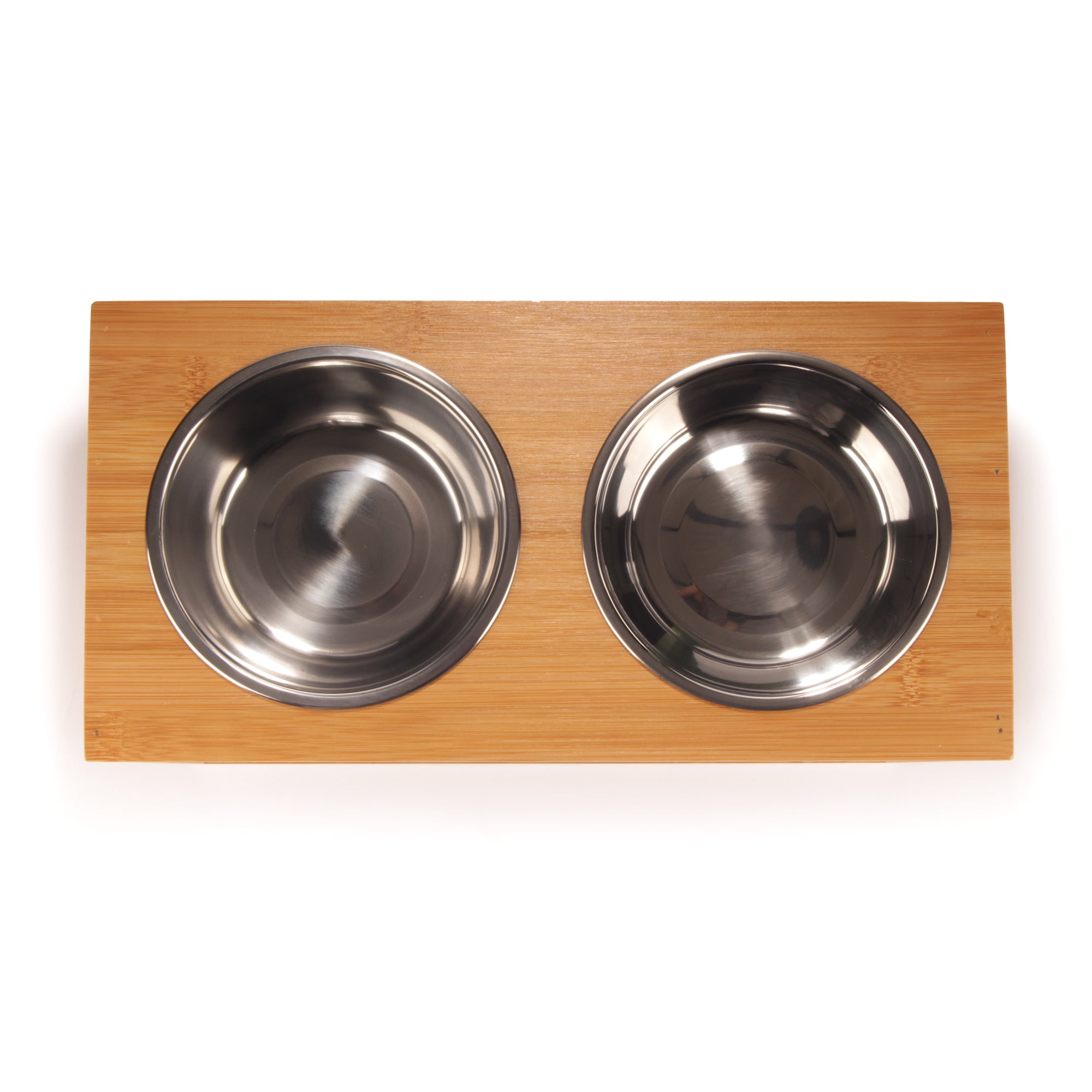 BambooMN Elevated Dog Bowl Feeder - 100% Bamboo Stand, 4 Metal Bowls for Food and Water - Small