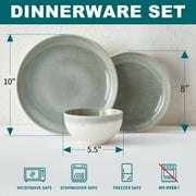 Pokini 12-Piece Stoneware Dinnerware Sets, Plates and Bowls Dish Sets for 4, Gradient Green
