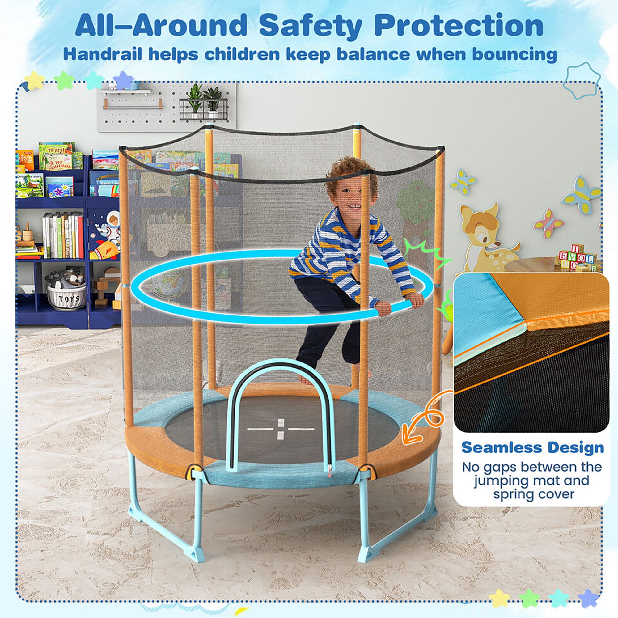 Gymax 60'' Trampoline for Kids w/ Gymnastic Bar Rings Foamed Handle No Gap Design Blue & Orange