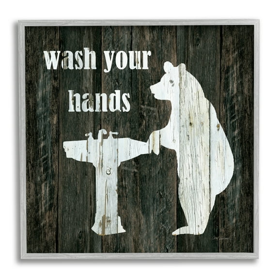 Stupell Industries Wash Your Hands Rustic Bathroom Wilderness Bear Sink Animals & Insects Painting Gray Framed Art Print Wall Art, 12 x 12
