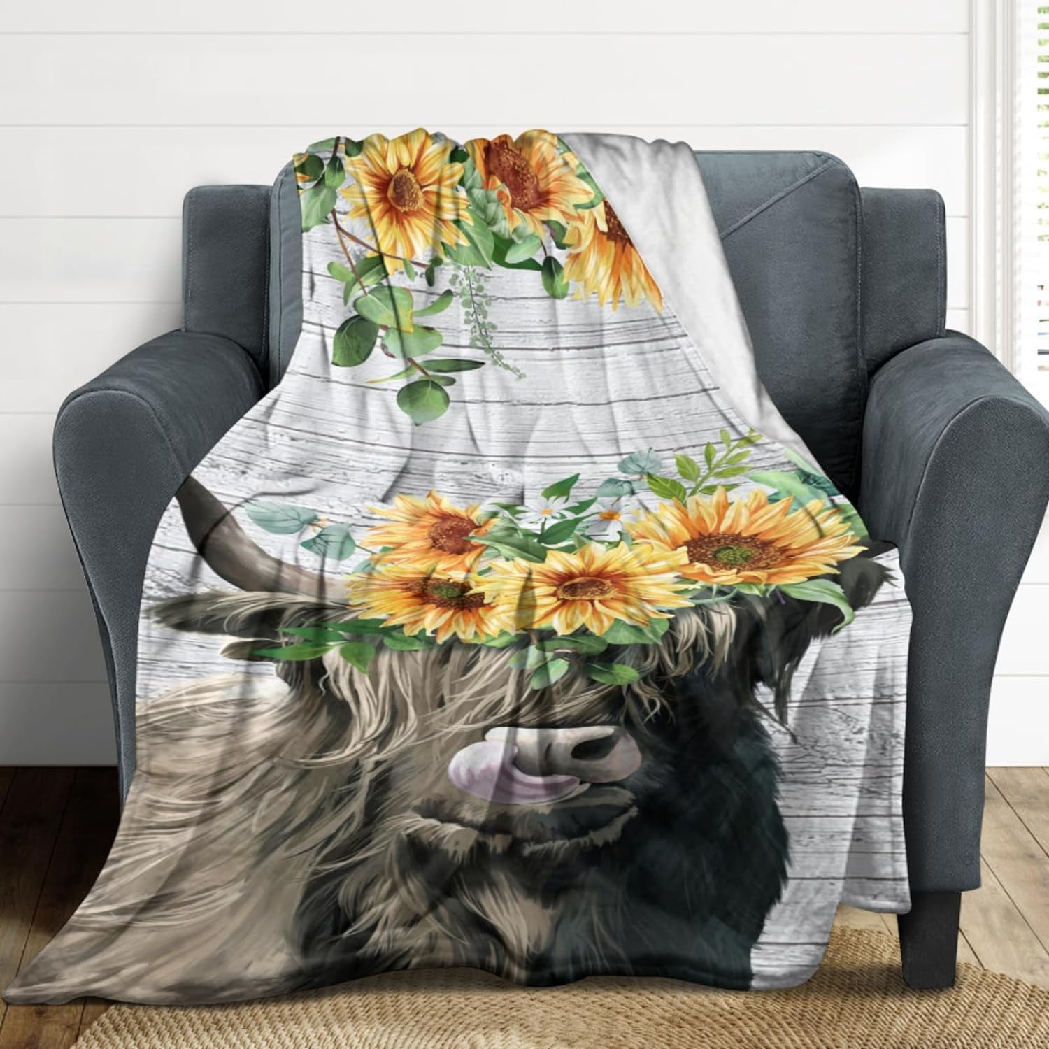 Sunflower Highland Cow Blanket Animals Flowers Cow Flannel Throw Blanket Soft Cozy Fleece Plush Warm Flannel Bedding Blanket for Kids Girls Boys 40x50inch