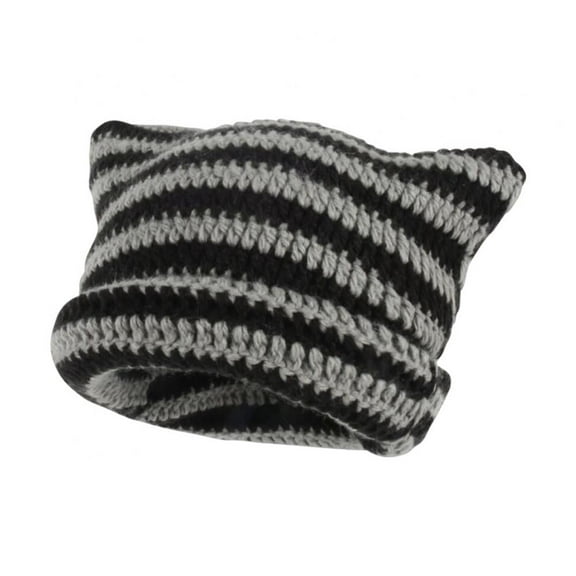 ZOELNIC Women Striped Knitted Crochet Hat Cat Ear Beanie Hat Winter Warm Slouchy Hat