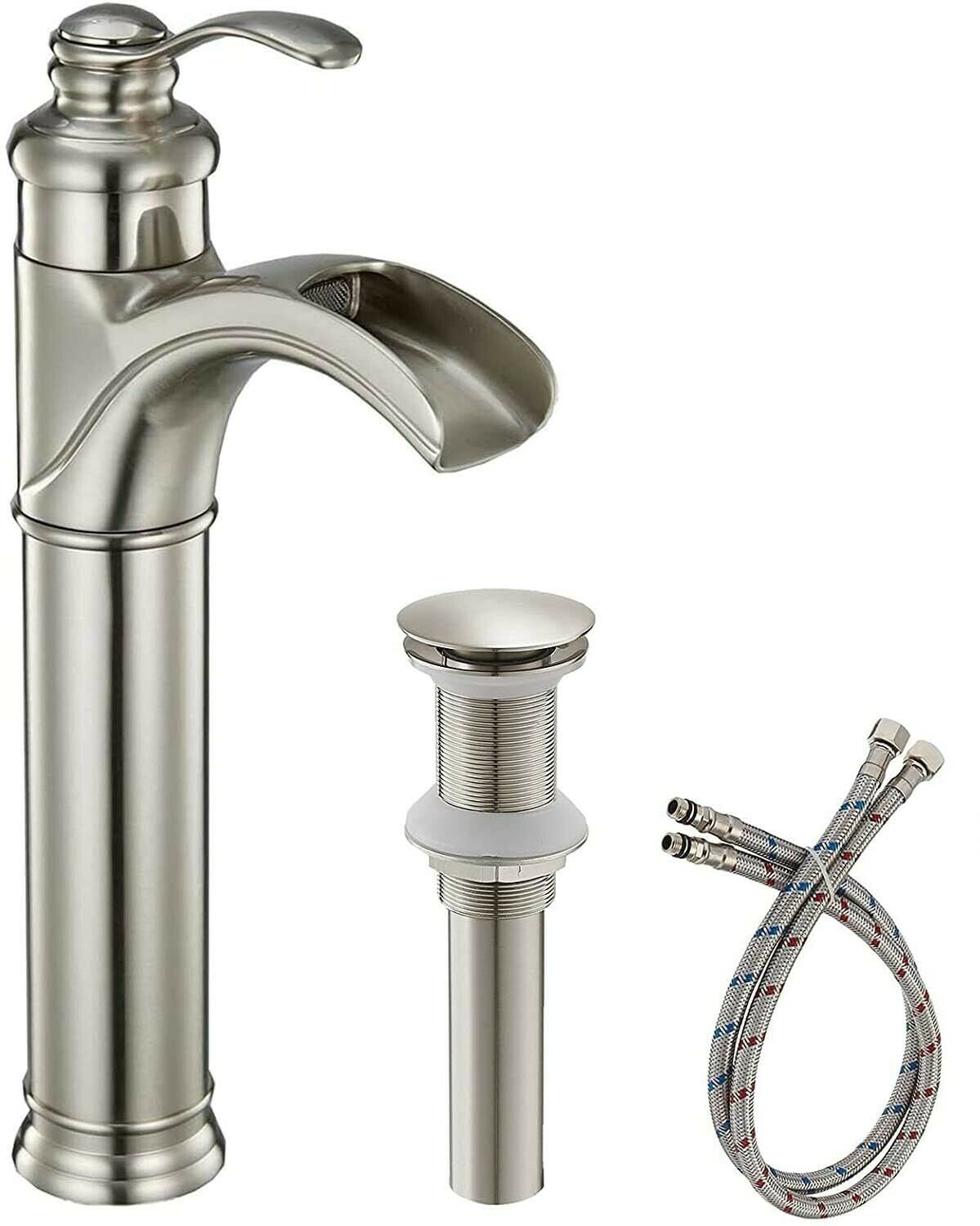 Zovajonia Bathroom Waterfall Vessel Sink Faucet Single Hole Brushed Nickel MIxer Tap+Drain